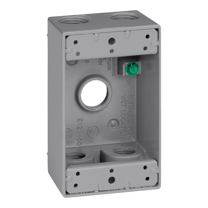 Gray 1/2-inch 5H 1G metal weatherproof box cover by Emery Jensen, showing sturdy metal construction and secure locking features.