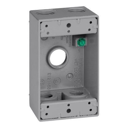 Gray 1/2-inch 5H 1G metal weatherproof box cover by Emery Jensen, showing sturdy metal construction and secure locking features.