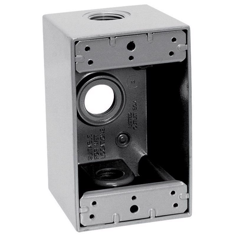 Gray 1/2-inch 5H 1G deep weatherproof metal box cover by Emery Jensen, designed for outdoor electrical installations.