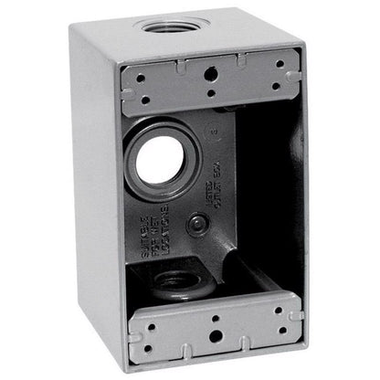 Gray 1/2-inch 5H 1G deep weatherproof metal box cover by Emery Jensen, designed for outdoor electrical installations.