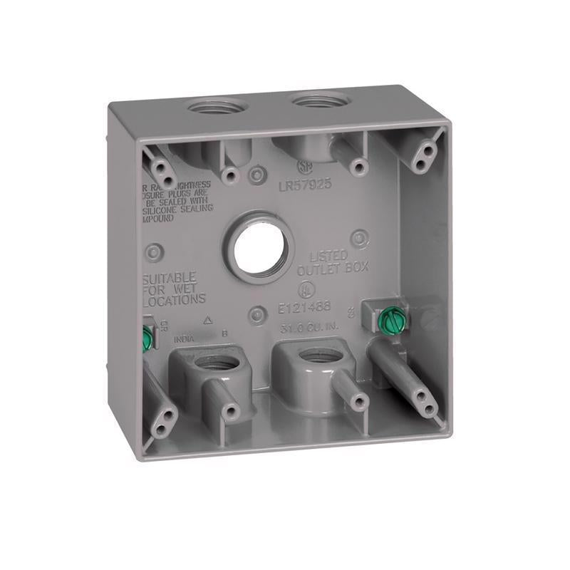 Emery Jensen 1/2" 5H 2G weatherproof metal box cover in gray for outdoor electrical protection.
