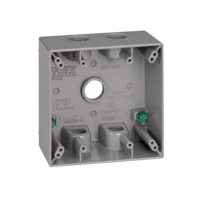 Emery Jensen 1/2" 5H 2G weatherproof metal box cover in gray for outdoor electrical protection.