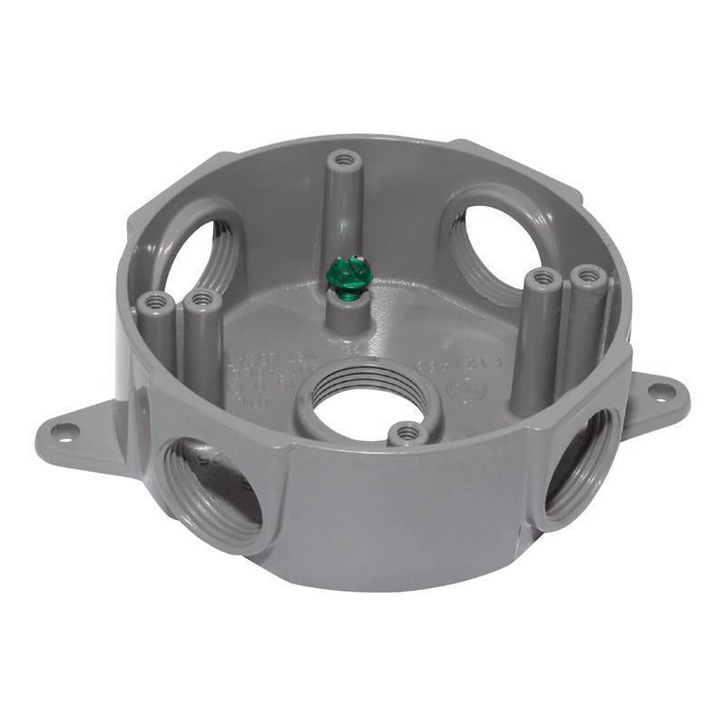 Gray 1/2-inch 5H round weatherproof metal box cover by Emery Jensen, designed for outdoor electrical protection.