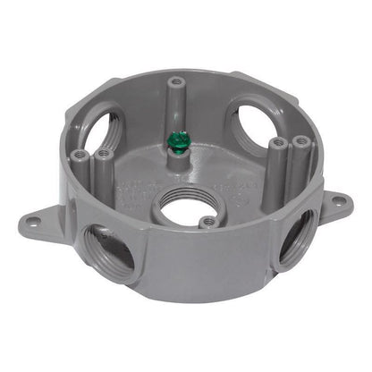 Gray 1/2-inch 5H round weatherproof metal box cover by Emery Jensen, designed for outdoor electrical protection.