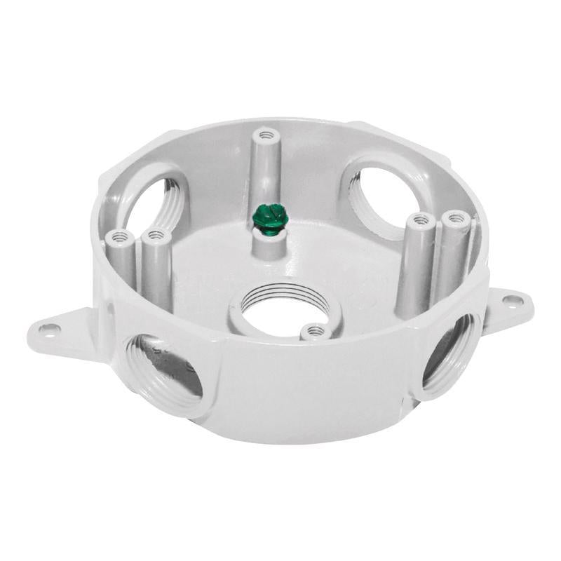 Emery Jensen 1/2-inch round weatherproof metal box cover, white, for outdoor electrical enclosure or junction protection.