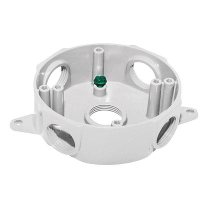 Emery Jensen 1/2-inch round weatherproof metal box cover, white, for outdoor electrical enclosure or junction protection.