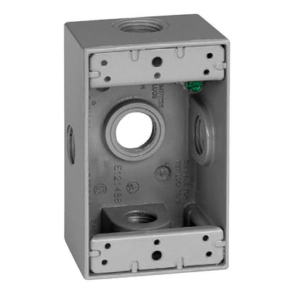 Gray 1/2-inch 5H SE 1G weatherproof metal box cover by Emery Jensen for outdoor electrical protection.
