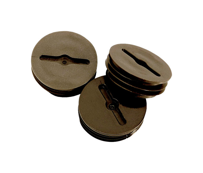 Emery Jensen 1/2-inch brass weatherproof box cover with four close plugs, ideal for outdoor electrical enclosures.