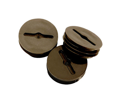 Emery Jensen 1/2-inch brass weatherproof box cover with four close plugs, ideal for outdoor electrical enclosures.