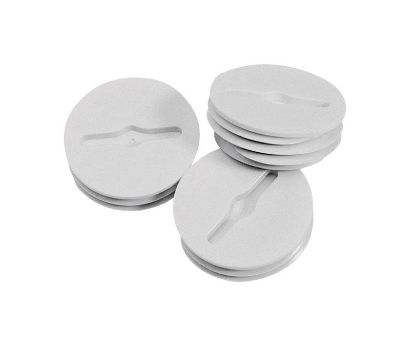 Emery Jensen 1/2-inch closeable white weatherproof box cover with four plugs for outdoor electrical protection