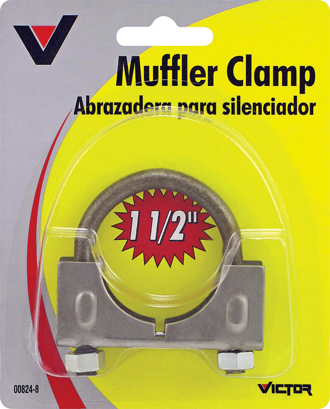 Emery Jensen muffler clamp, saddle style, 1.5-inch size, durable metal construction for secure pipe connection.