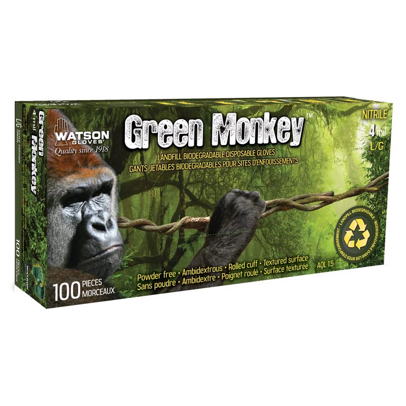 Emery Jensen nitrile gloves in green, size large, shown on hand for protective hand coverage and dexterity in industrial tasks.