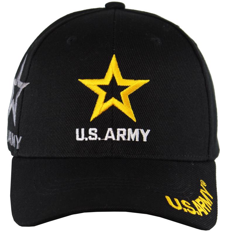 Six black US Army novelty caps by Emery Jensen, casual military-style headwear, displayed in a pack.