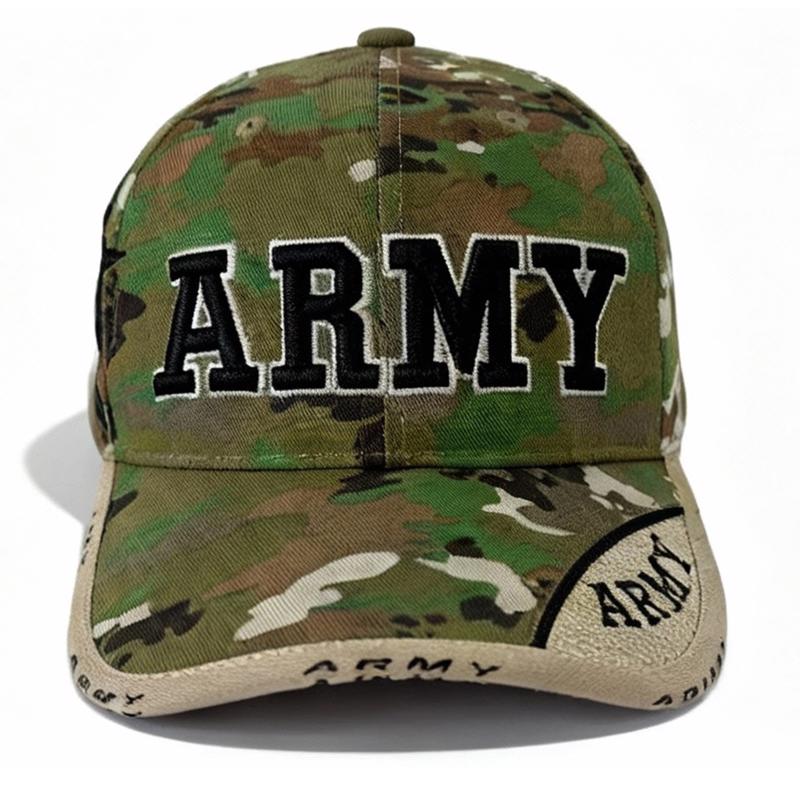 Six US Army camouflage novelty caps by Emery Jensen, adjustable with embroidered patches, ideal for casual wear or costumes.