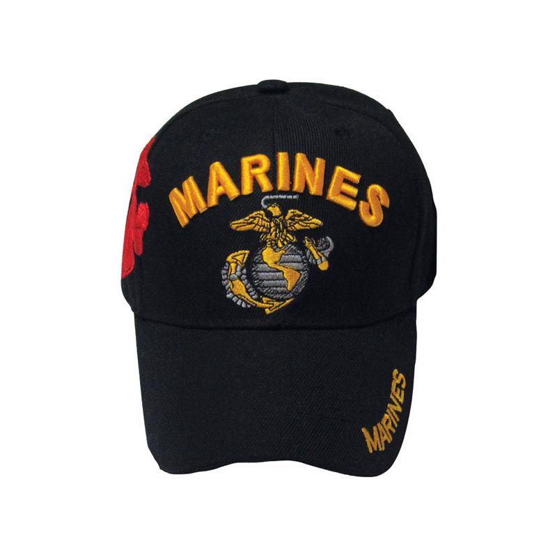 Six black US Marine novelty caps by Emery Jensen, casual baseball style with embroidered Marine emblem.