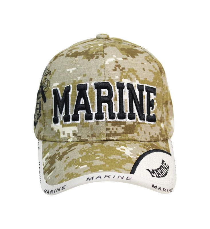 Six US Marines camouflage novelty caps by Emery Jensen, displayed in a pack, featuring military-style camouflage fabric.