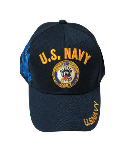 Six navy blue novelty caps by Emery Jensen, US Navy-themed casual apparel, shown in a pack.