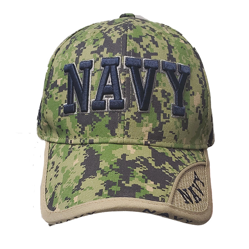 Six navy camouflage novelty caps by Emery Jensen, US Navy themed, featuring adjustable brims and camouflage fabric.