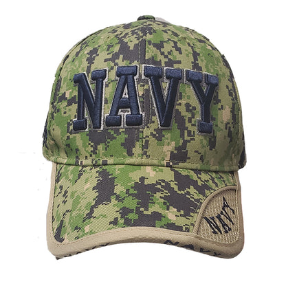 Six navy camouflage novelty caps by Emery Jensen, US Navy themed, featuring adjustable brims and camouflage fabric.