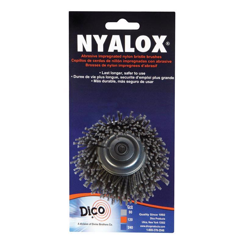 Nylon wheels for cup brush XCRSE 2.5-inch by Emery Jensen, showing the black nylon bristles and metal core for industrial cleaning.