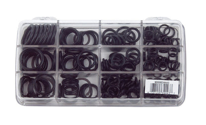 Assorted Emery Jensen O-rings set with 200 rubber sealing rings in various sizes for plumbing and repair applications.