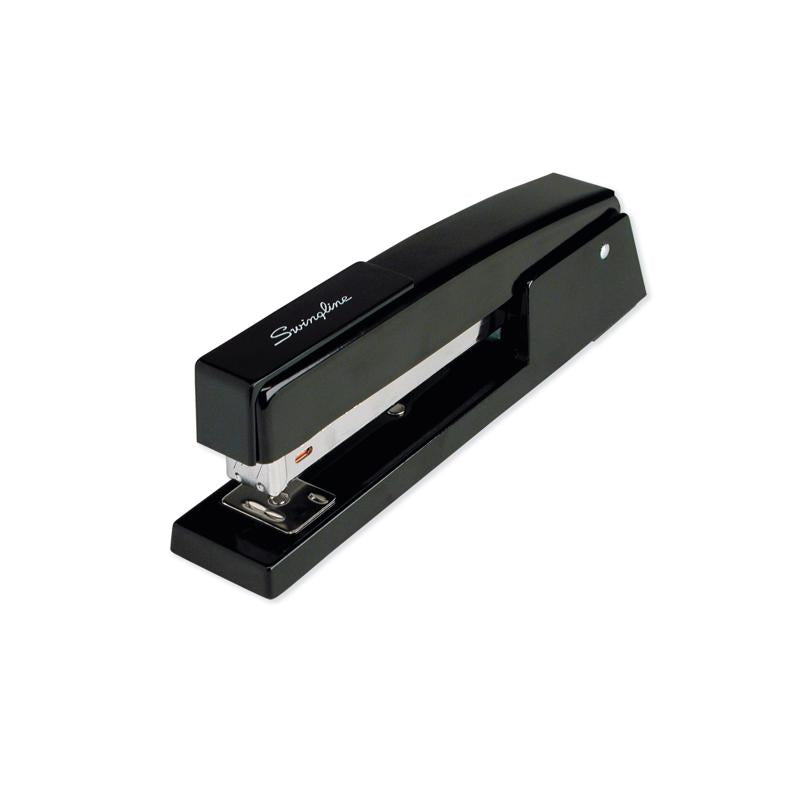 Black Emery Jensen desk stapler with a 1/4-inch capacity, designed for office use, shown on a clean workspace.