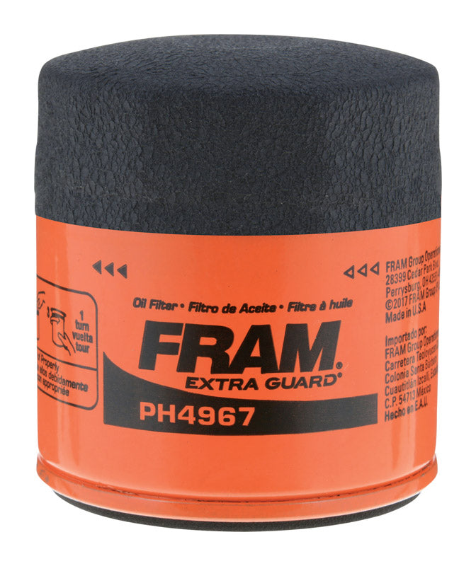Emery Jensen oil filter FRAM PH4967 for vehicles, showing the cylindrical filter with detailed labeling and black rubber seals.