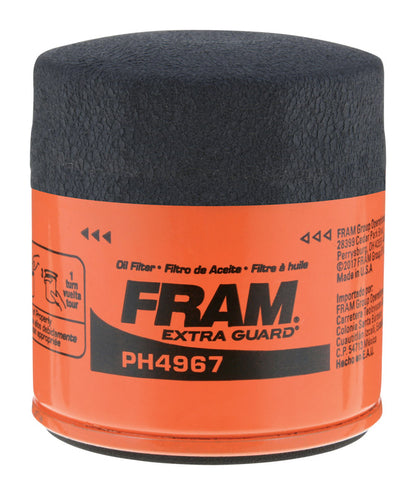 Emery Jensen oil filter FRAM PH4967 for vehicles, showing the cylindrical filter with detailed labeling and black rubber seals.