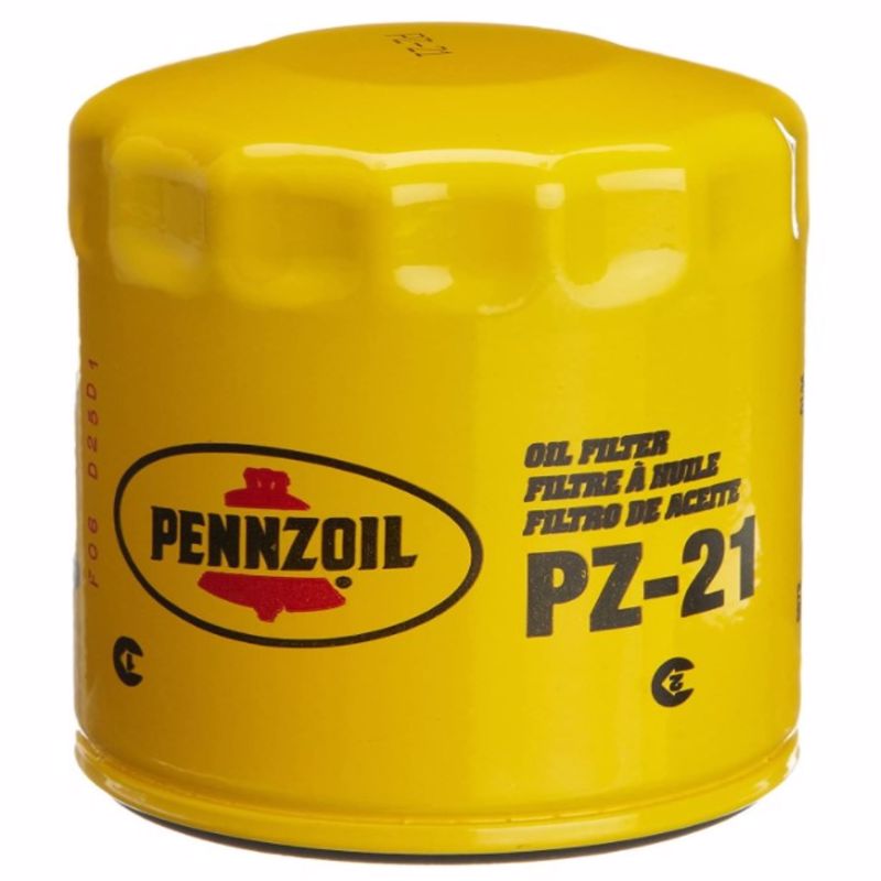 Emery Jensen oil filter PZ21, cylindrical automotive oil filter with rubber seals and metal casing for vehicle maintenance.
