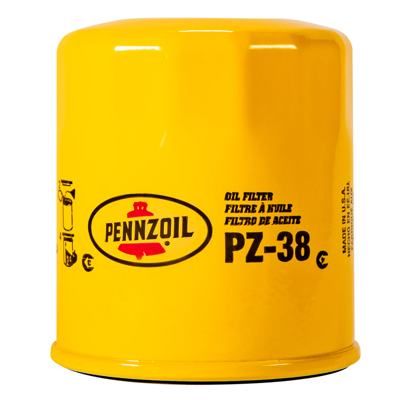 Emery Jensen oil filter spin-on PZ38 for vehicle oil filtration, featuring a black metal canister with threading for installation