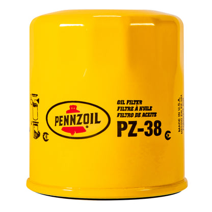 Emery Jensen oil filter spin-on PZ38 for vehicle oil filtration, featuring a black metal canister with threading for installation