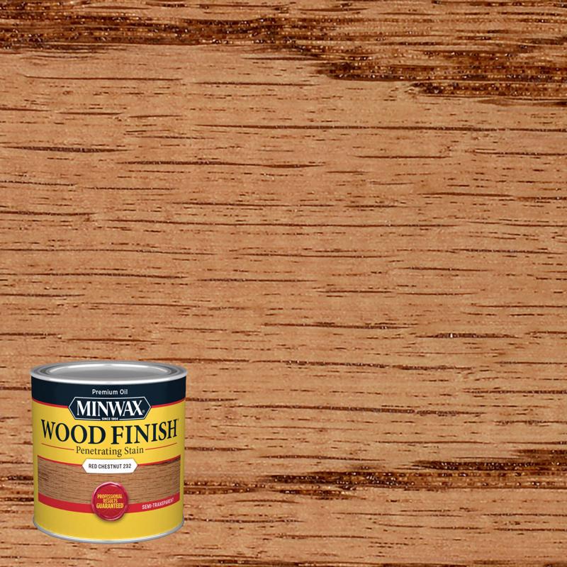 Emery Jensen Minwax Oil Stain in Redwood Nut, 4-pack, showcases wood stain bottles with rich reddish-brown color for wood finishing.