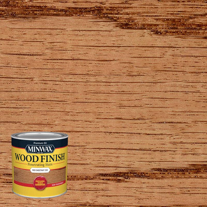 Emery Jensen Minwax Oil Stain in Redwood Nut, 4-pack, showcases wood stain bottles with rich reddish-brown color for wood finishing.