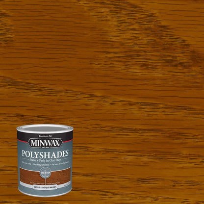 Emery Jensen Polyshade QT GLS walnut oil stain in a pack of 4, showing containers of wood stain with walnut color and applicator brushes.