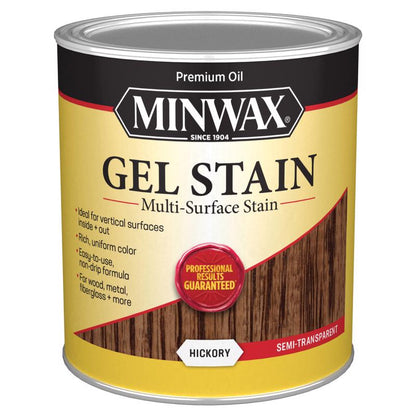 Emery Jensen Hickory Oil Stain Gel in 1 quart container, showing the dark wood stain product for furniture or flooring.
