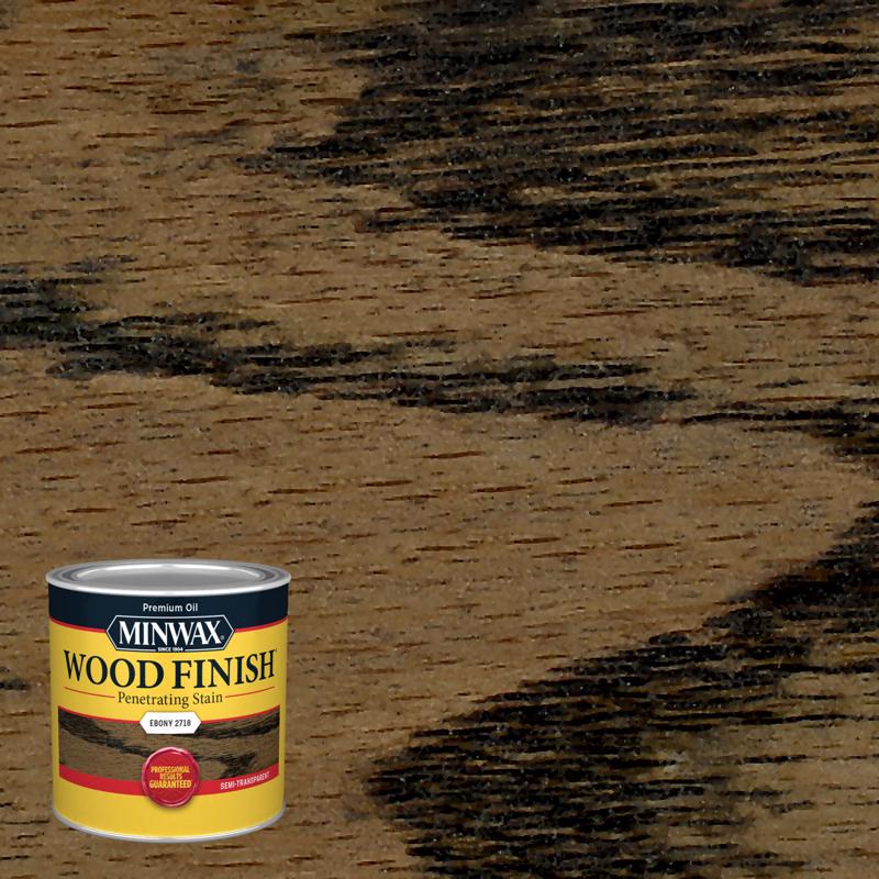 Emery Jensen STAIN Minwx.5pt EBONY oil stain pack of 4 bottles showing dark ebony wood finish on containers