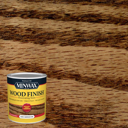 Emery Jensen oil stain pack of 4 in Early American color, suitable for wood furniture and flooring.