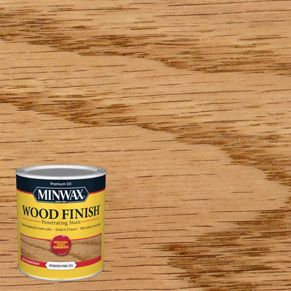 Set of four Emery Jensen Pine Oil Stain Minwx QT IPSW bottles, ideal for wood finishing and staining projects.