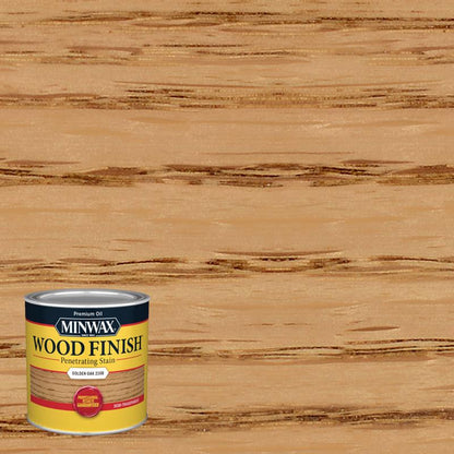 Set of four Emery Jensen Goldn Oak oil stain bottles, showcasing the rich wood finish for furniture and flooring projects.