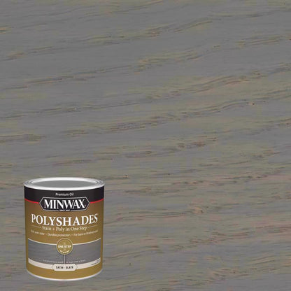 Four 1-quart cans of Emery Jensen Stain&Polyth Slate oil stain, showcasing the dark slate color in a pack of four containers.