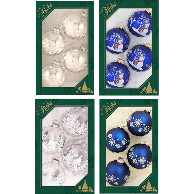 Set of 12 blue, silver, and white ornaments by Emery Jensen for holiday decorating, featuring festive glass ball designs.