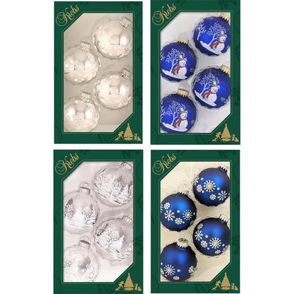 Set of 12 blue, silver, and white ornaments by Emery Jensen for holiday decorating, featuring festive glass ball designs.
