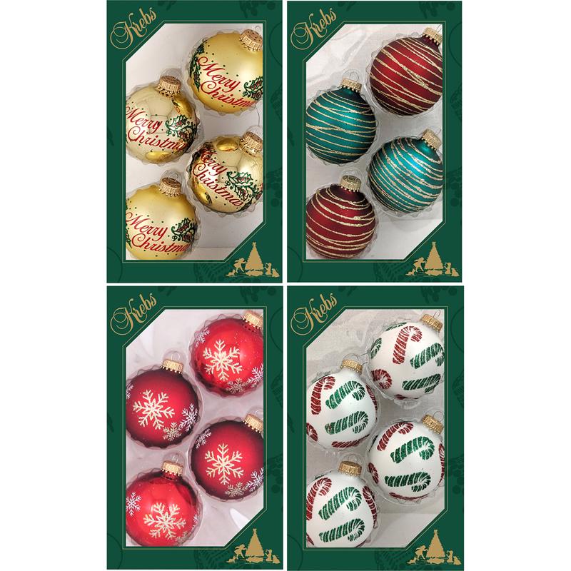 Set of 12 Emery Jensen holiday ornaments in gold, red, white, and green with decorative designs for festive decoration.
