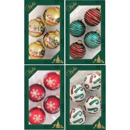 Set of 12 Emery Jensen holiday ornaments in gold, red, white, and green with decorative designs for festive decoration.