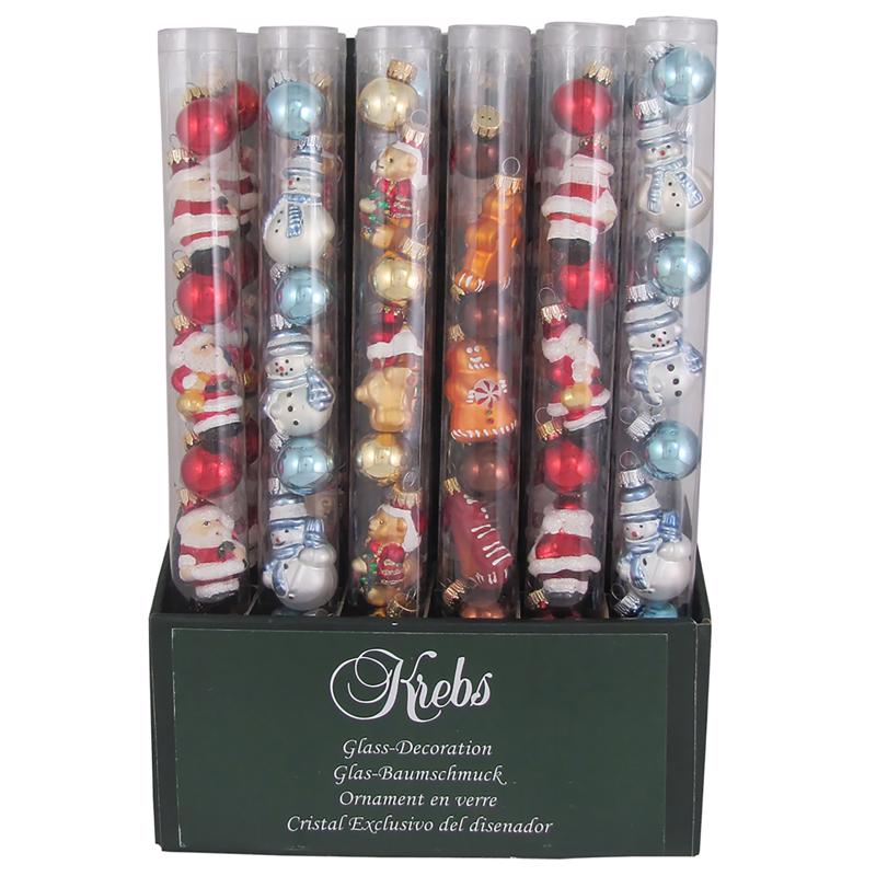 Set of 18 Emery Jensen mini glass ornaments featuring colorful, clear glass designs suitable for holiday decorations.