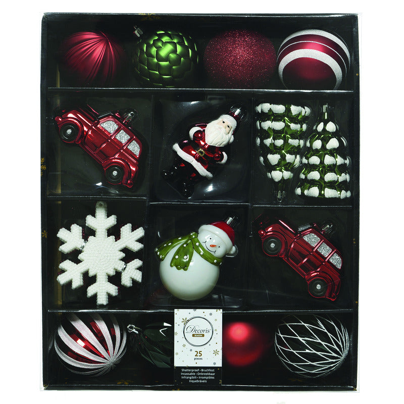 Set of six Emery Jensen ornaments with decorative metal hooks, ideal for holiday or home decor.