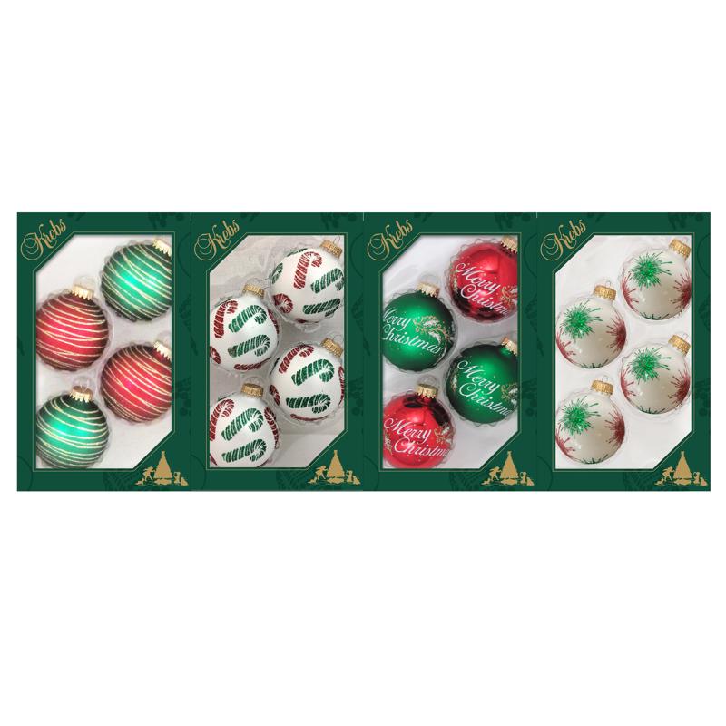 Set of four Emery Jensen holiday ornaments in assorted designs, decorative ornaments for Christmas tree embellishment.