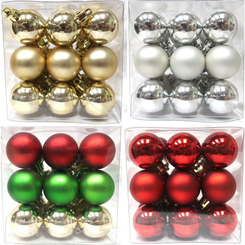 Set of 24 Emery Jensen shiny and matte ornaments, 27ct pack, featuring a variety of decorative ornament shapes and finishes.