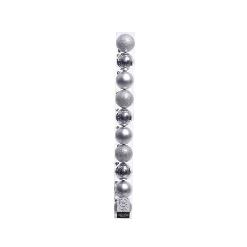 Set of 16 silver ornaments from Emery Jensen, decorative ornaments for holiday or home decor, displayed in a pack.