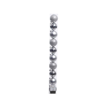 Set of 16 silver ornaments from Emery Jensen, decorative ornaments for holiday or home decor, displayed in a pack.